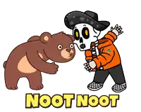 a cartoon of a skeleton and a teddy bear with the words noot noot on the bottom