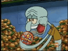 squidward from spongebob holding a lottery ticket