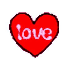 a pixel art heart with the word love written on it .