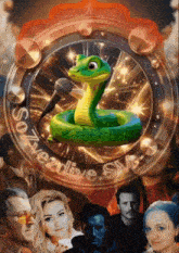 a cartoon snake with a microphone in its mouth is surrounded by people and the words soverdive star