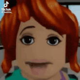 a close up of a person 's face with red hair and black eyes .