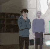 a man in a blue hoodie stands next to another man