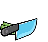 a cartoon drawing of a knife and a leek with a face on it .