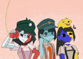 three cartoon characters are standing next to each other with one wearing a hat