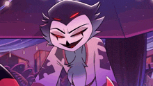 a cartoon character with red eyes and a smile on his face is sitting in a room .