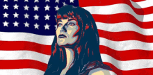 a woman in front of an american flag with stars on it