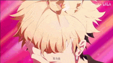a close up of a person 's face with a pink background and the word bilibili on the bottom