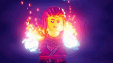 a lego character is surrounded by flames and a purple background .