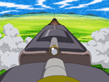 a cartoon drawing of a cannon with smoke coming out of it and a mountain in the background