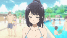 a girl in a blue bikini is standing in front of a swimming pool