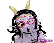 a drawing of a girl with horns and glasses with the website glitterfy.com in the corner