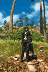 a person standing in a field with palm trees