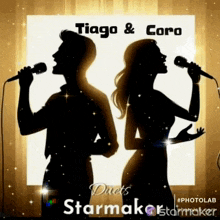 a silhouette of a man and a woman singing into microphones with the words tiago & cara behind them