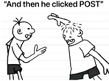a drawing of two boys talking to each other .