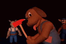 a cartoon dog is holding an axe in a dark room next to a group of stuffed animals .