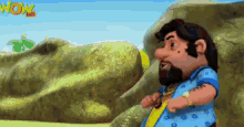 a cartoon of a man with a beard and the word wow on the bottom left