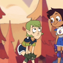 two cartoon characters are standing next to each other in a forest . one of the characters has green hair .
