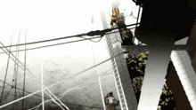 a black and white drawing of a city with telephone wires and trees