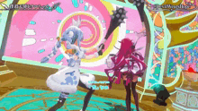 two anime characters are standing in front of a stained glass wall and a sign that says #devilwearshope