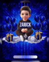 a baby boy with the name zanick on his shirt is sitting on a cloud surrounded by blue balloons and gifts .
