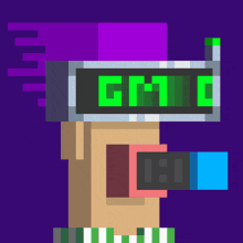a pixel art of a person wearing a virtual reality headset with the letter c on the screen