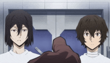 two anime characters are standing next to each other and one has a bandaged arm