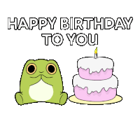 a birthday card with a frog and a cake with the words happy birthday to you on it