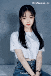 a girl in a white t-shirt and blue jeans is sitting on a bed with pixverse.ai in the corner