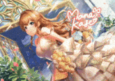 a woman in a wedding dress is holding a bouquet of flowers and the name mona kabe is on the bottom right