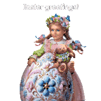 a little girl in a dress holding a teddy bear with the words " easter greetings " above her