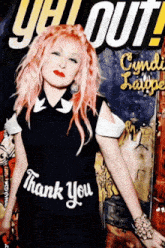 a woman with pink hair is wearing a black shirt that says " thank you "