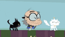 a cartoon character standing next to two cats