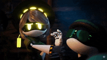 a couple of cartoon characters are standing next to each other and one of them has glowing eyes .