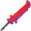 a purple and red sword with a black handle and a red blade on a white background .