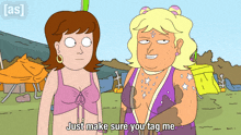 two cartoon characters are standing next to each other and one of them is saying just make sure you tag me