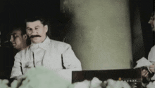 a man with a mustache sits in front of a sign that says smithsonian on it
