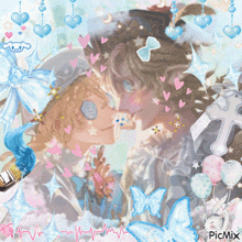 a picture of a boy and a girl kissing with hearts and butterflies