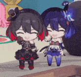 two anime characters are standing next to each other and smiling