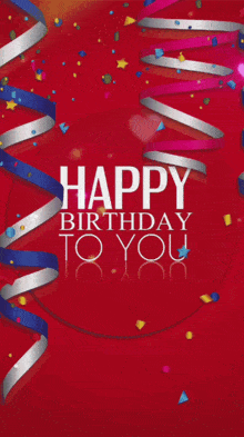 a red background with confetti and the words happy birthday to you