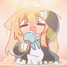 a cartoon girl with long blonde hair is holding a fan and eating ice cream .