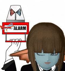a cartoon drawing of a person holding a red sign that says alarm