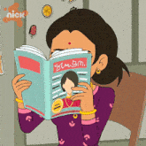 a cartoon of a woman reading a magazine with the nick logo in the background