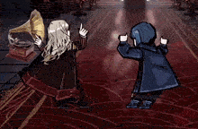 a couple of people standing next to each other in a room with a record player .