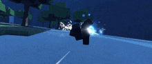 a video game character is flying through the air with a blue light coming out of his head