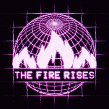 a logo for the fire rises with a purple globe and a mountain in the middle .