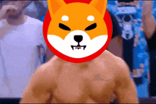 a man without a shirt has a shiba inu logo on his head