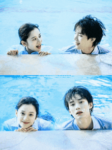 a boy and a girl are swimming in a pool and the boy is wearing a blue shirt