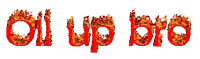 the word oil up bro is written in red flames on a white background
