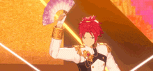 a man with red hair is holding a fan in his hand in a video game .