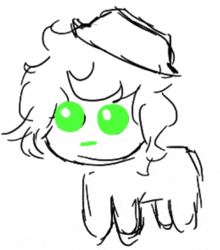 a black and white drawing of a person with green eyes and a hat .